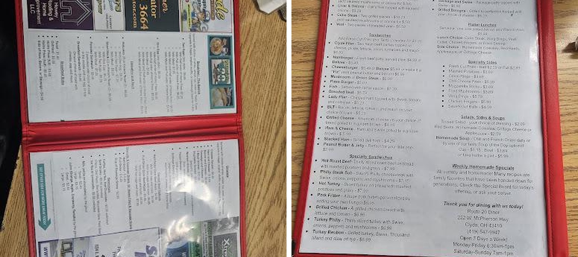 Route 20 Diner - Clyde, OH Menu