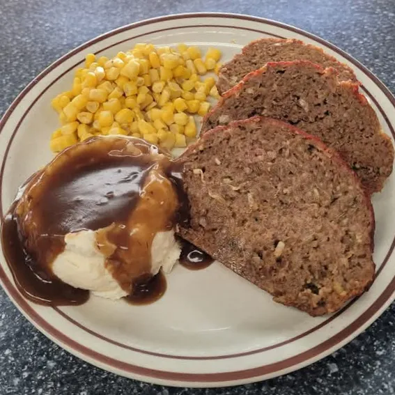 Meatloaf Dinner with Mashed Potatoes and Corn
